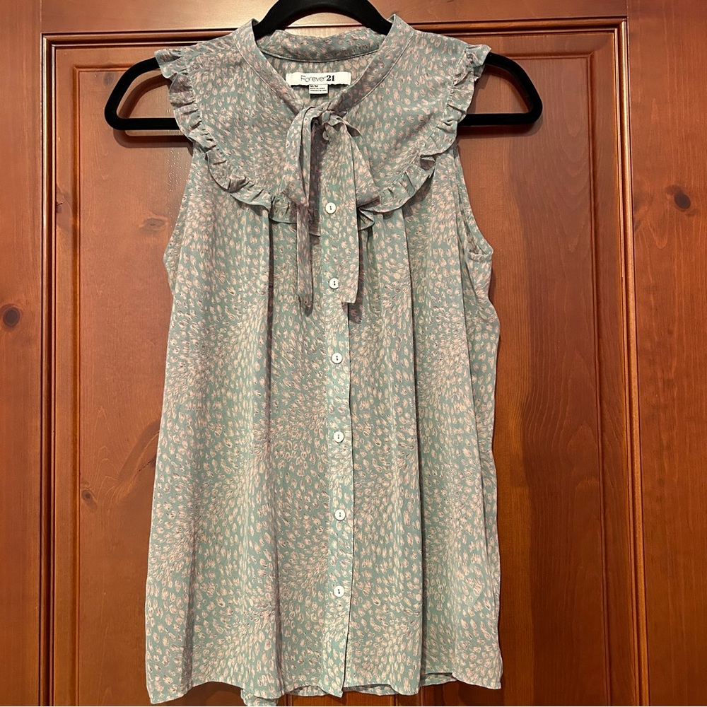 Forever 21 90s Sheer Patterned Green Button Down Tank with Bow